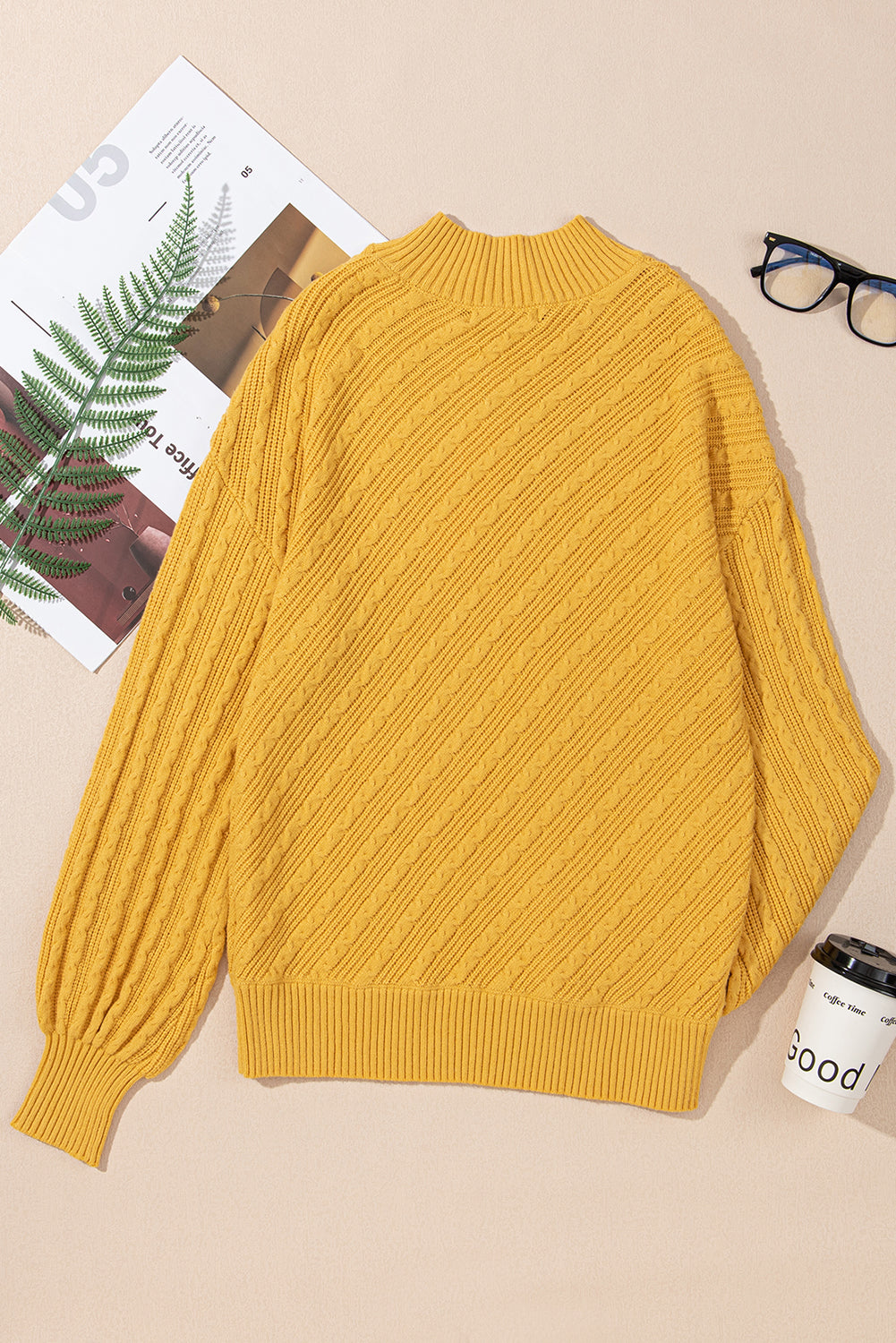 Ginger Solid Color Textured Knit High Neck Drop Shoulder Sweater