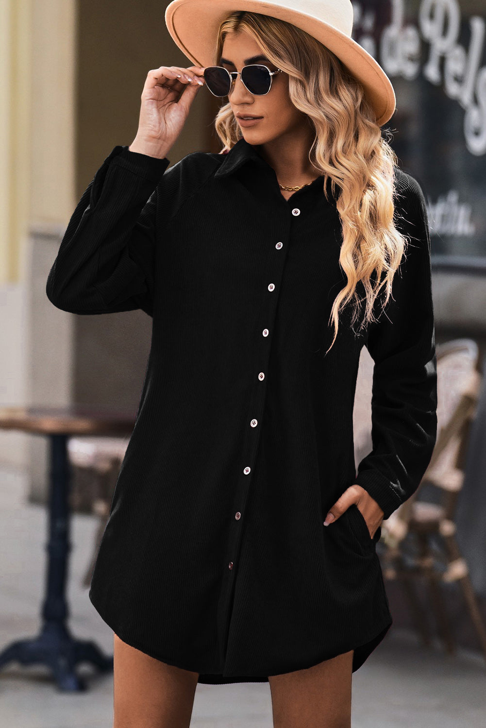 Black Corduroy Shirt Style Full Button Long Sleeve Shift Mini Dress