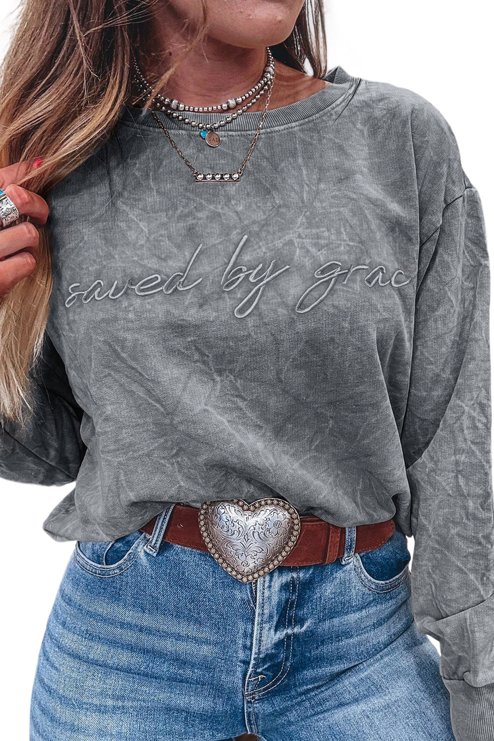 Dune saved by grace Letter Embroidery Mineral Wash Loose Sweatshirt