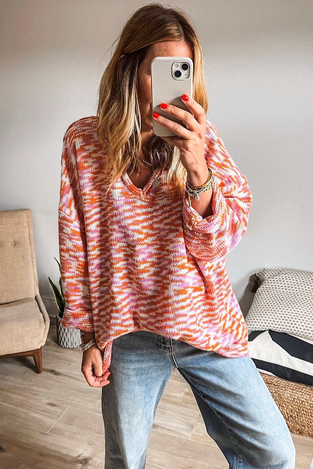 Orange Vibrant Abstract Print Drop Shoulder V Neck Oversized Sweater
