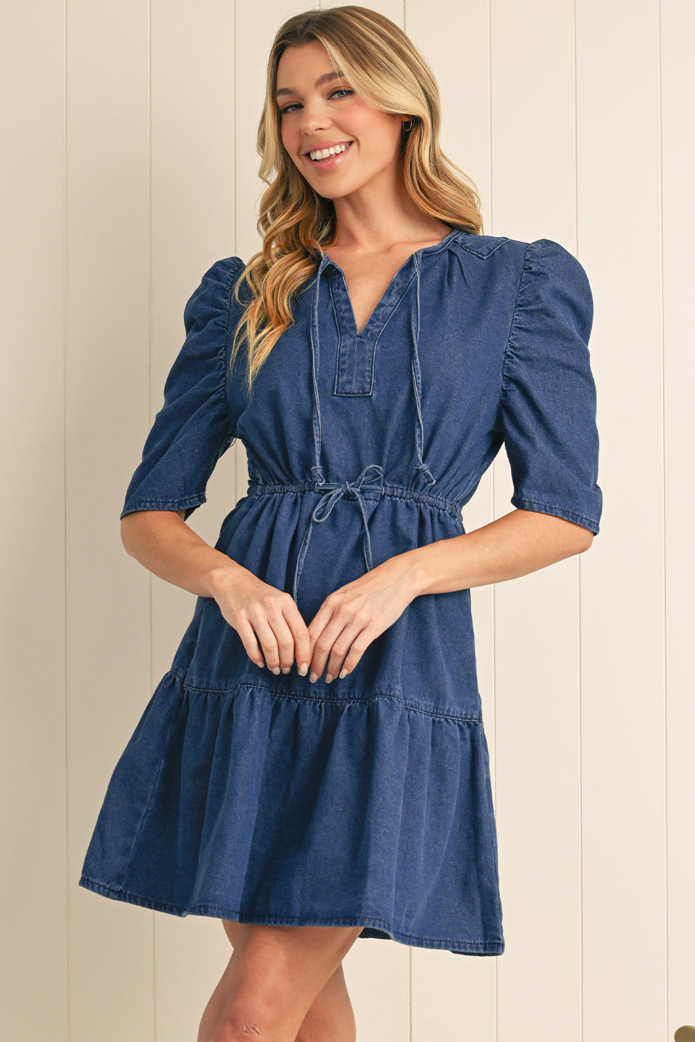 Blue Drawstring High Waist Puff Sleeve Denim Mini Dress