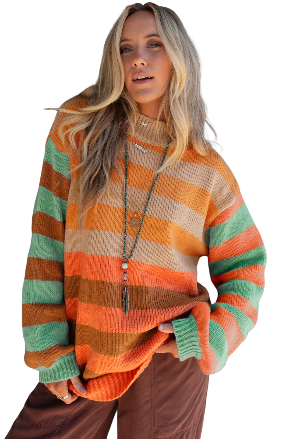 Orange Striped Colorblock High Neck Drop Shoulder Cozy Sweater