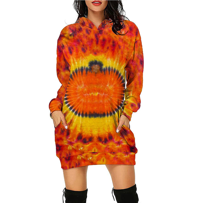 Women Halloween Pumpkin Print Hoodie Dress