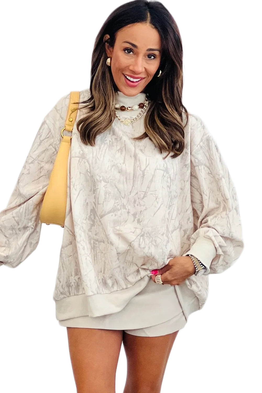 Khaki Camo Print Mock Neck Loose Sweatshirt