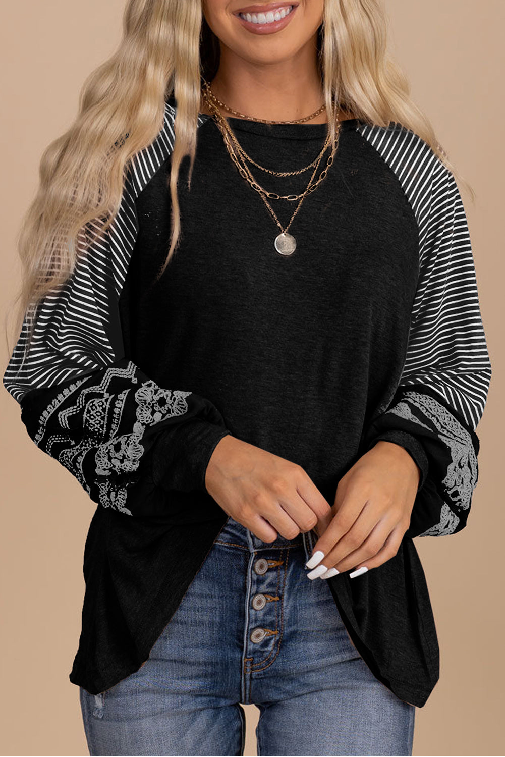Medium Grey Contrast Print Striped Raglan Long Sleeve Loose Top