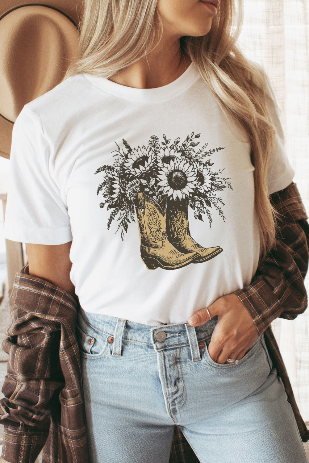White Sunflower Boots Cotton Blend Graphic Tee