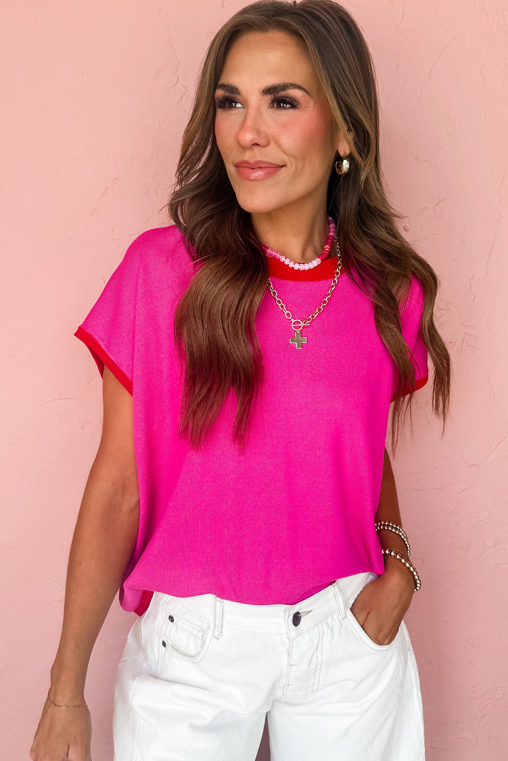 Rose Red Contrast Trim Round Neck Short Sleeve Loose Knit Top