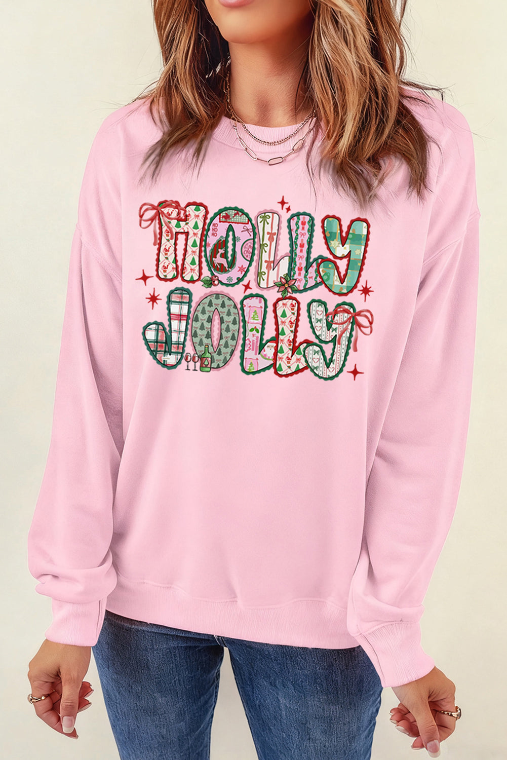 Pink HOLLY JOLLY Graphic Heat Transfer Printing Christmas Sweatshirt