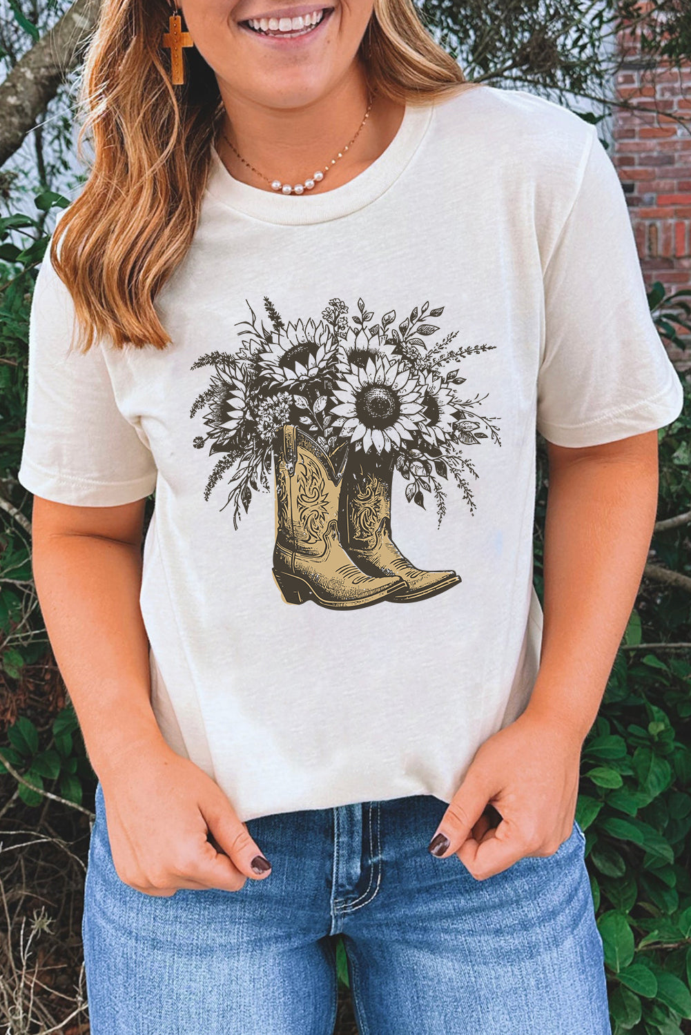 White Sunflower Boots Cotton Blend Graphic Tee