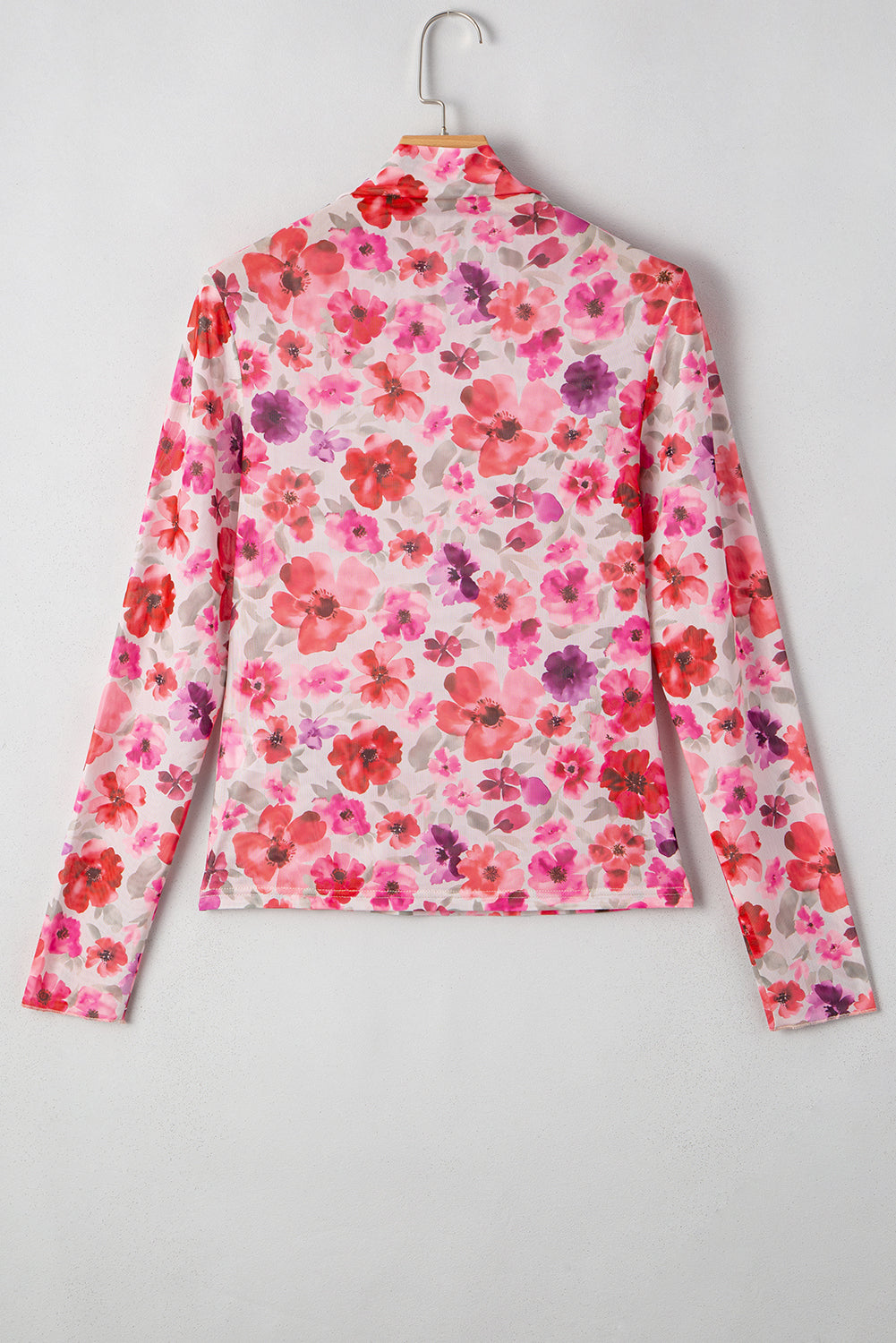 Red Floral Print Long Sleeve Slim Fit Mesh Top