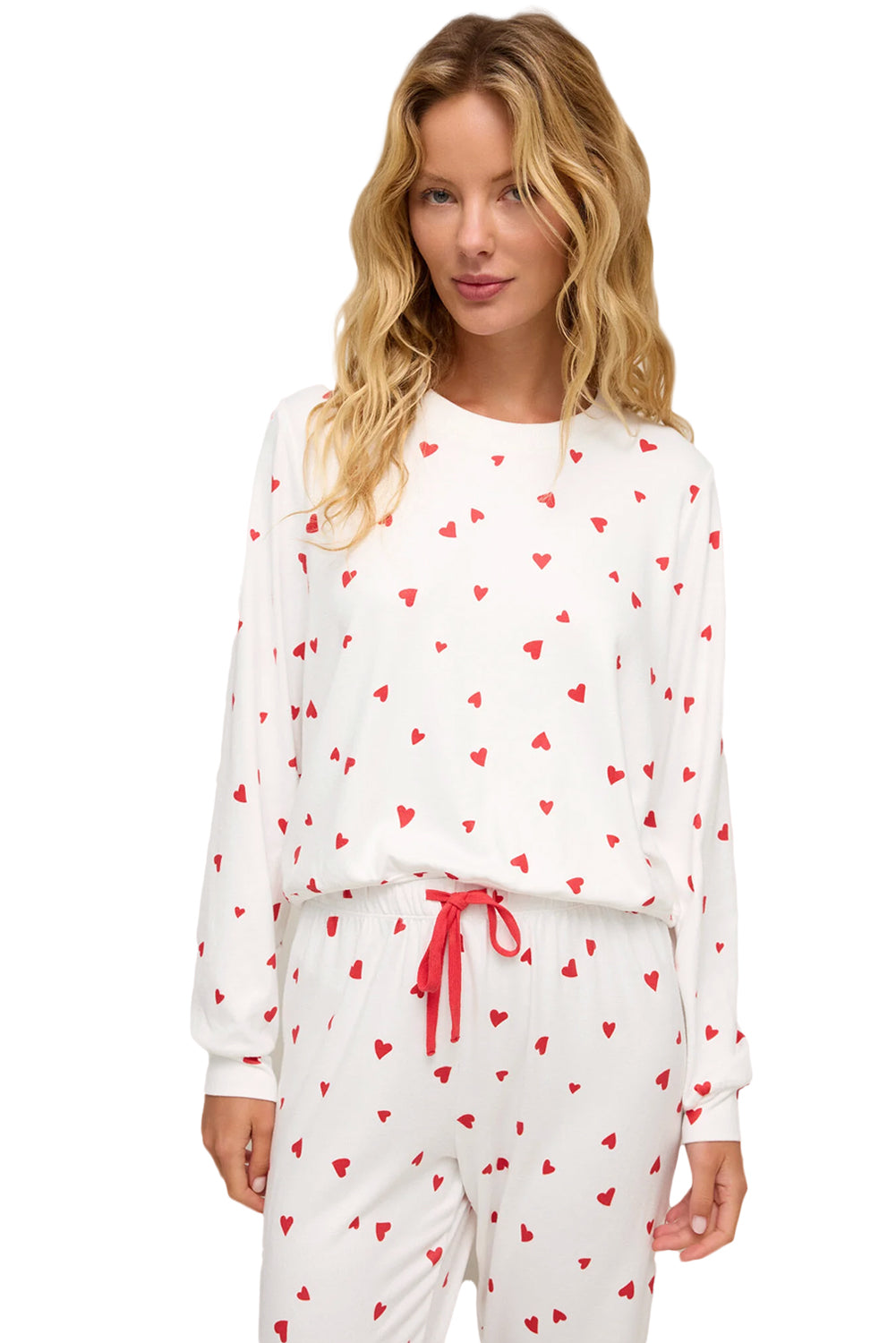 Fiery Red Heart Print Long Sleeve Pullover and Pants Set
