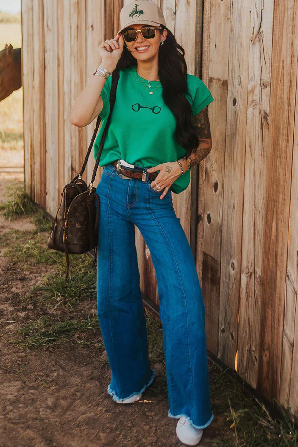 Bright Green Horse Bit Embroidered Short Sleeve Sweater