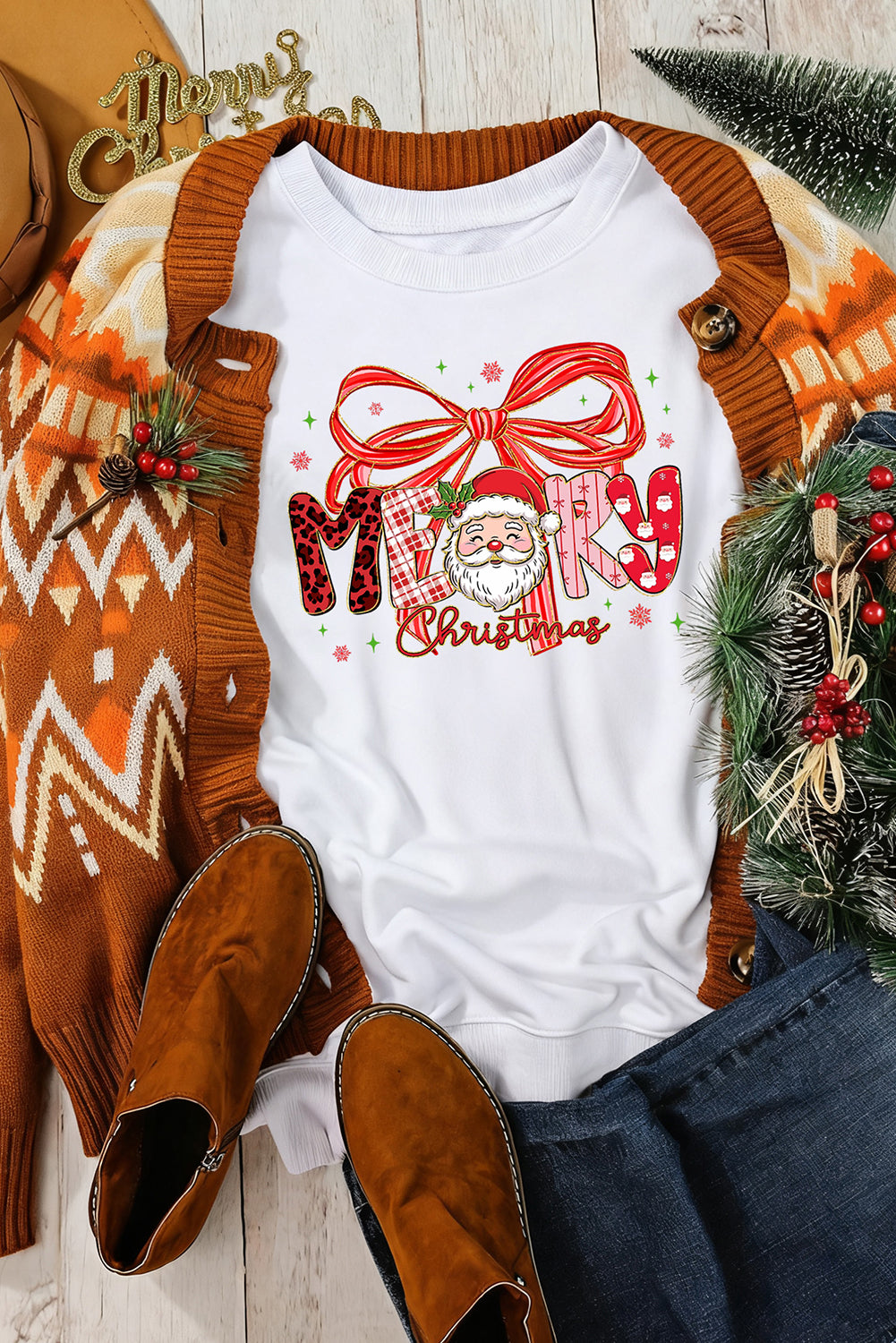 White Cute Merry Christmas Graphic Heat Transfer Printing Holiday Sweatshirt