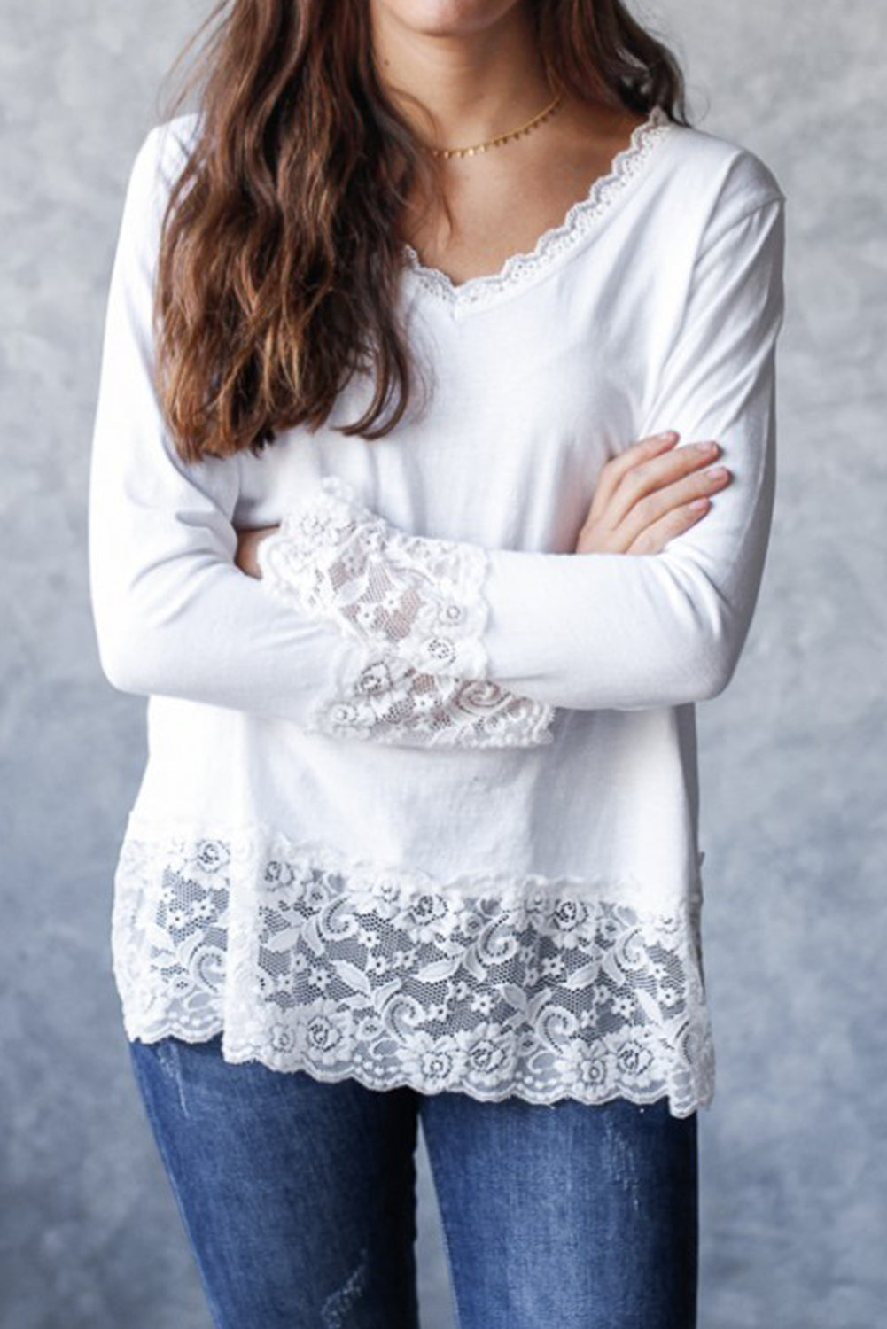 White Lace Trim V Neck Cuffed Long Sleeve Loose Top