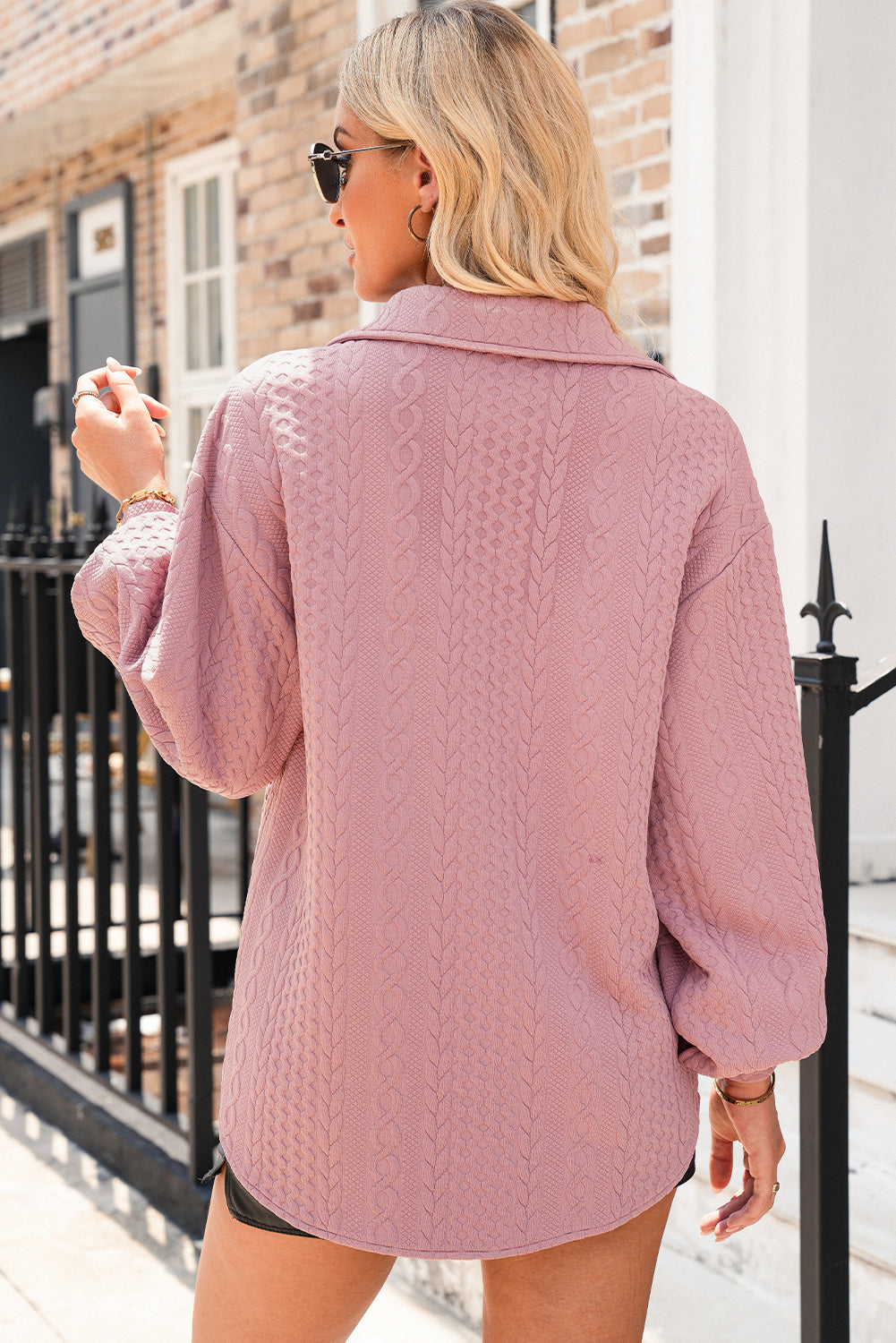 Blackish Green Cable Texture Puff Sleeve Loose Shacket