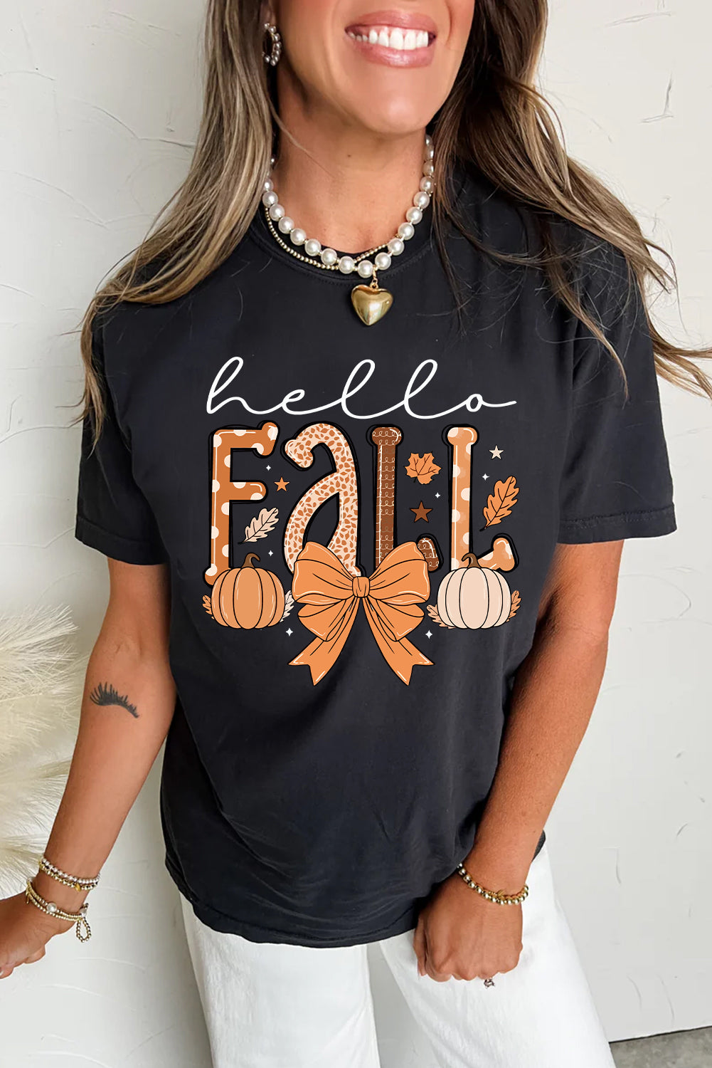 Black Hello Fall Thanksgiving Bow Pumpkin Graphic Tee