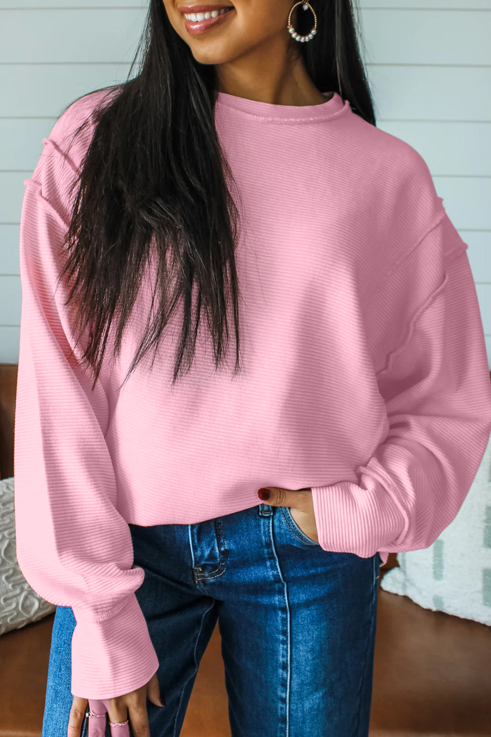 Pink Horizontal Ribbed Exposed Seam Detail Drop Shoulder Baggy Pullover
