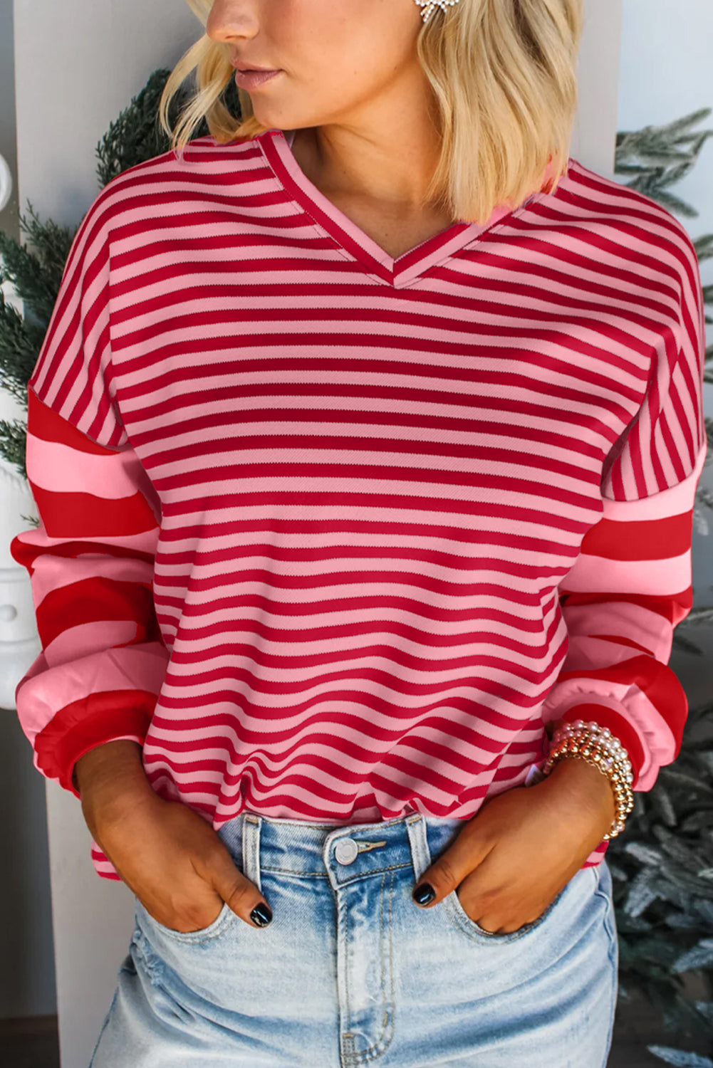 Strawberry Pink Striped V Neck Drop Sleeve Top