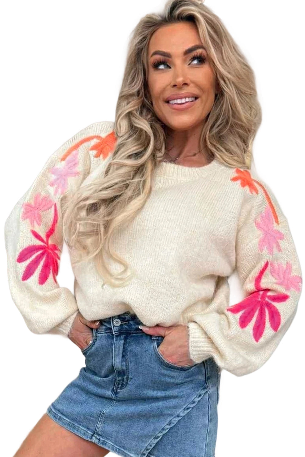 Beige Embroidered Floral Sleeve Round Neck Loose Sweater