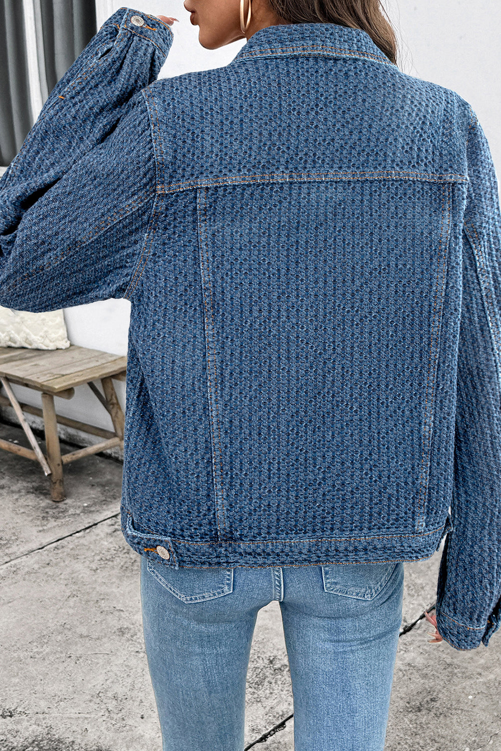 Blue Double Flap Pocket Denim Textured Button Down Jacket