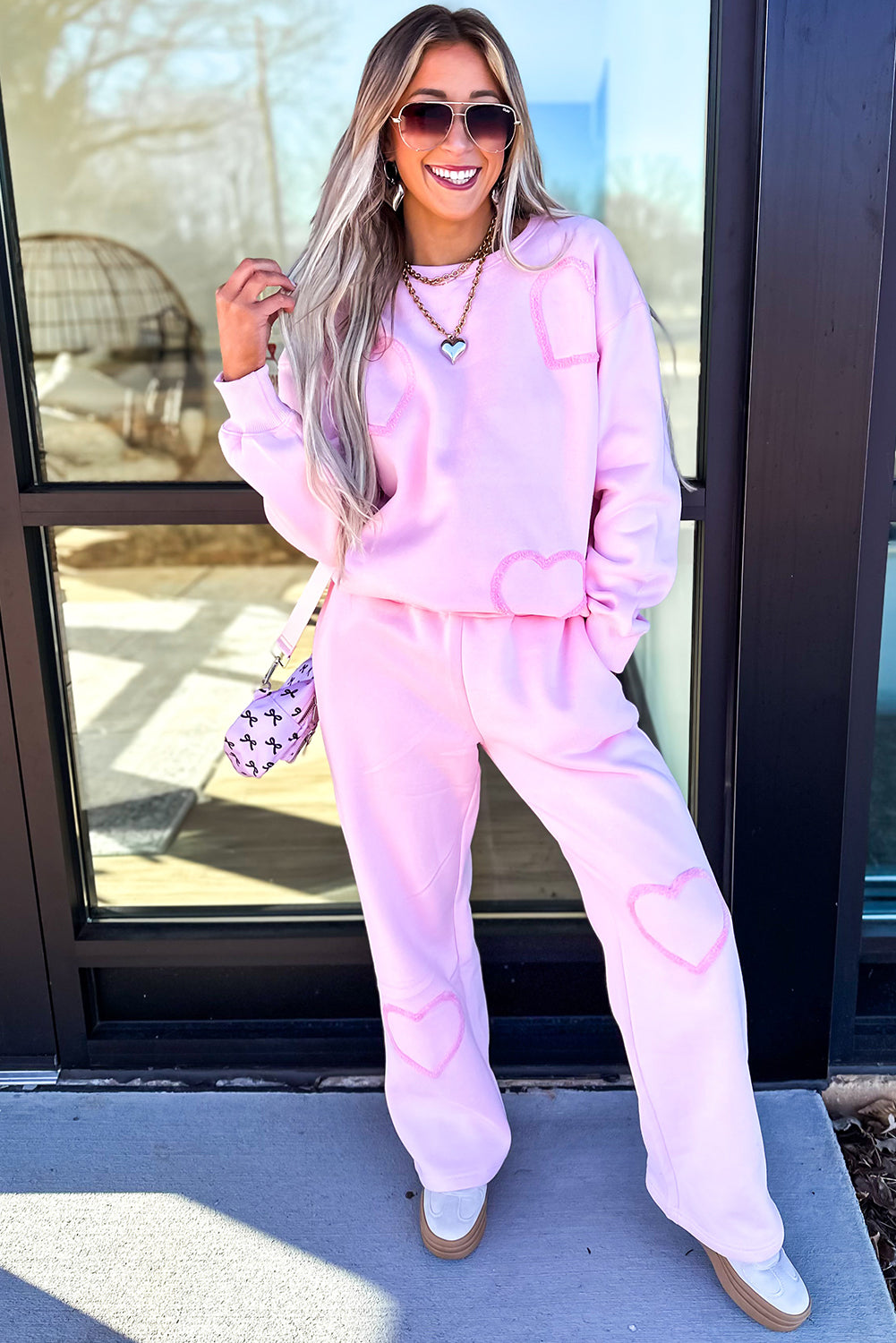 Phalaenopsis Chenille Heart Pattern Casual Pants Set