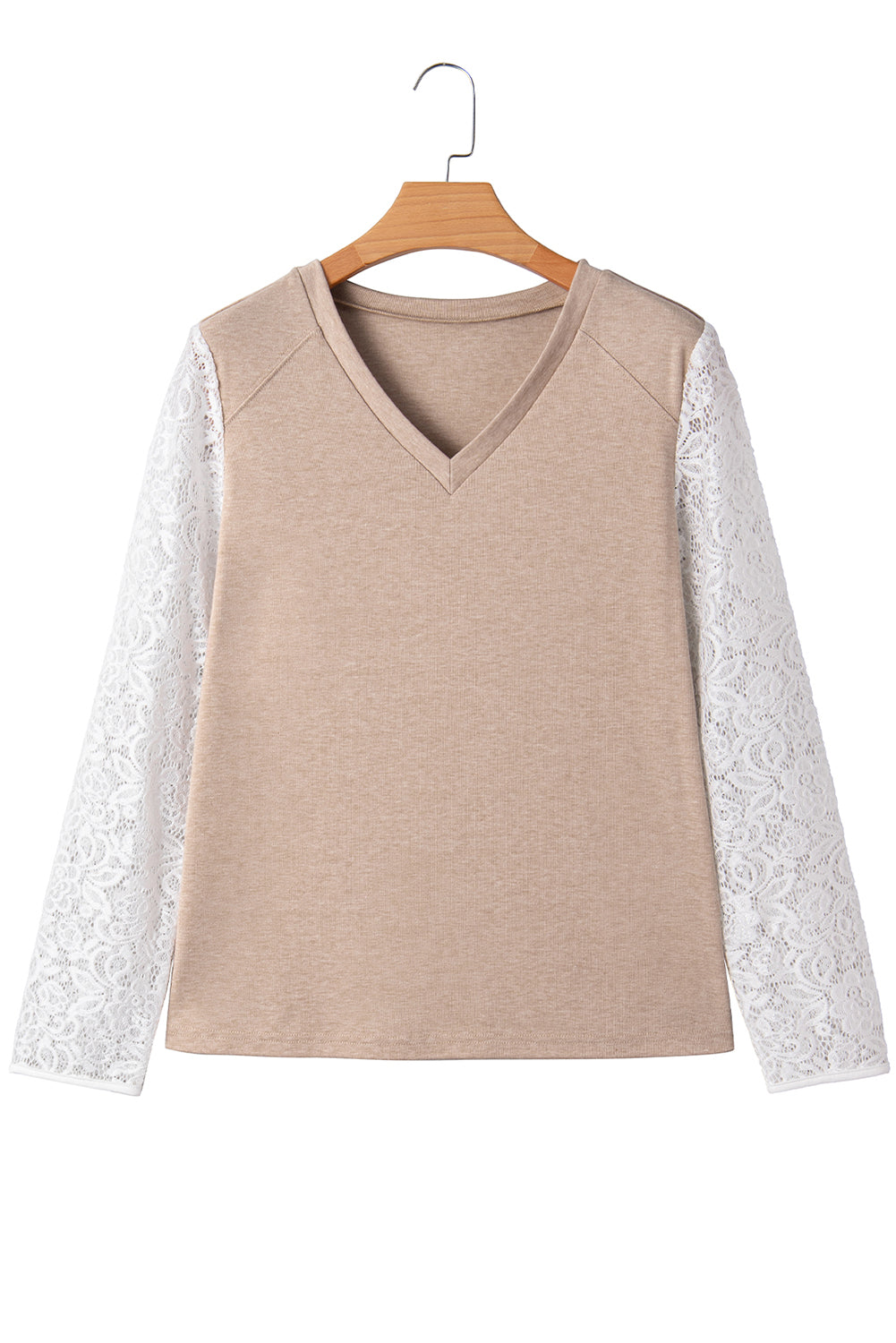 Oatmeal Lace Patchwork Sleeve V Neck Top