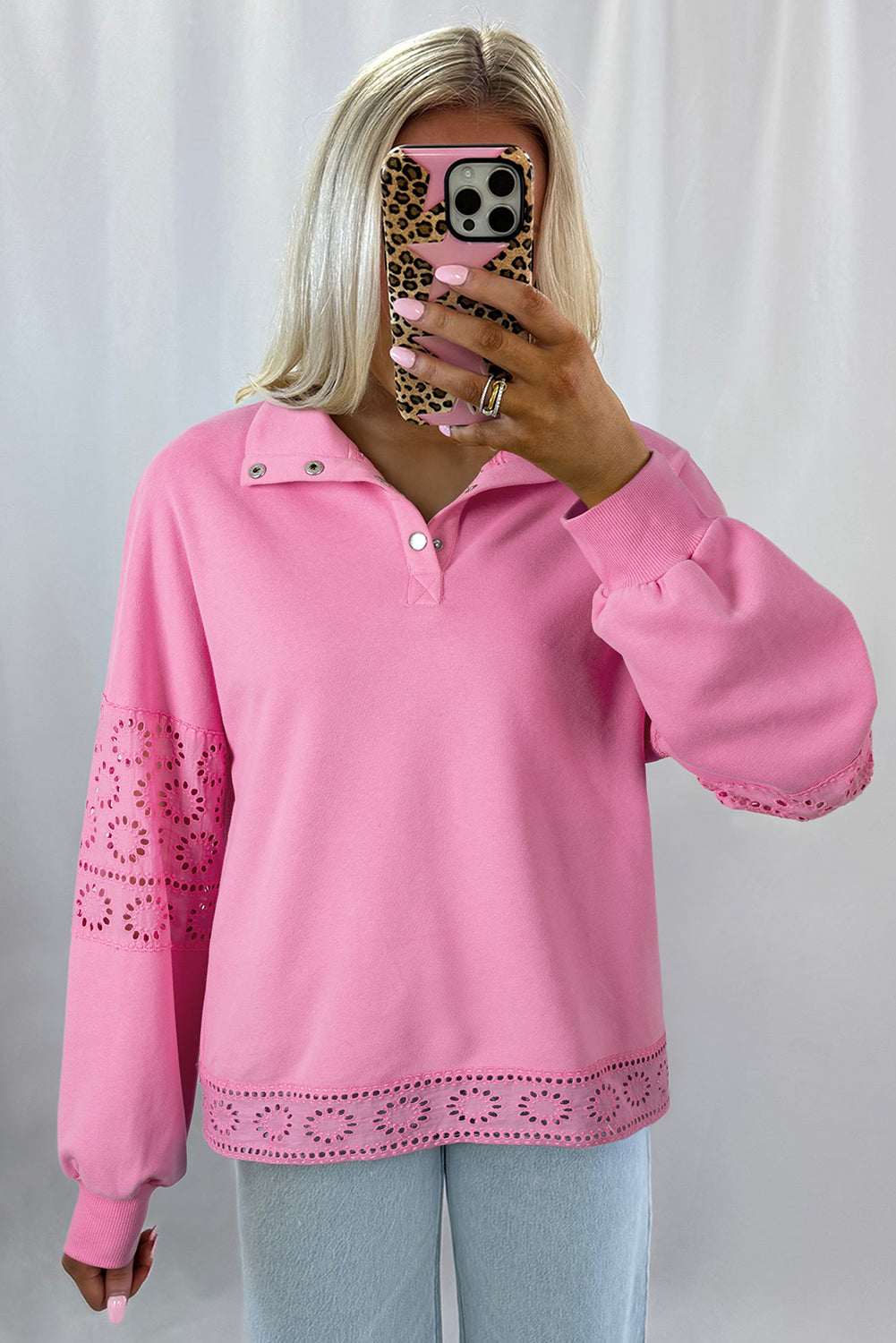 Bonbon Embroidered Flower Patchwork Snap Buttons Pullover Sweatshirt
