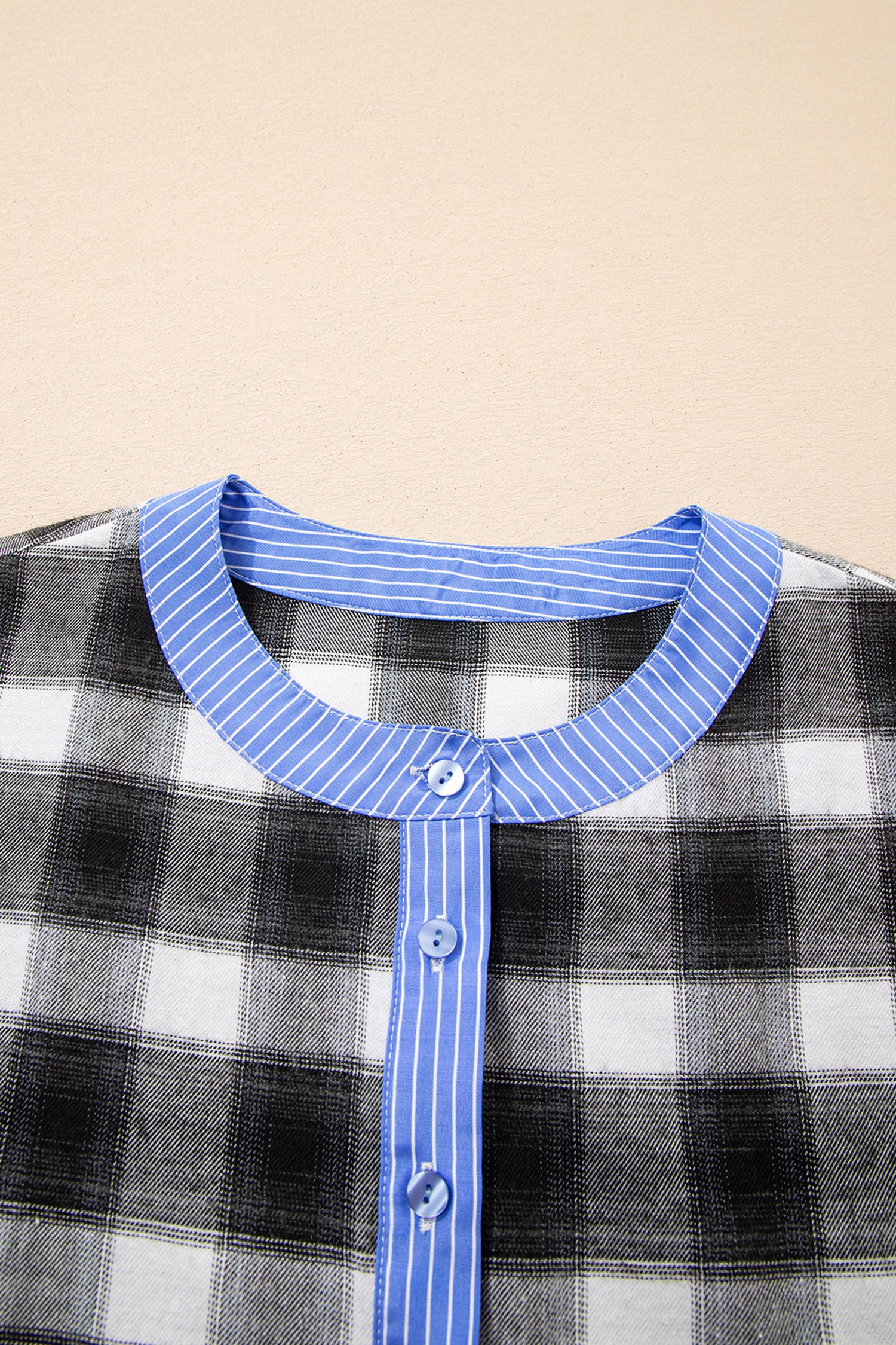 Black Contrast Striped Edge Half Placket Plaid Blouse