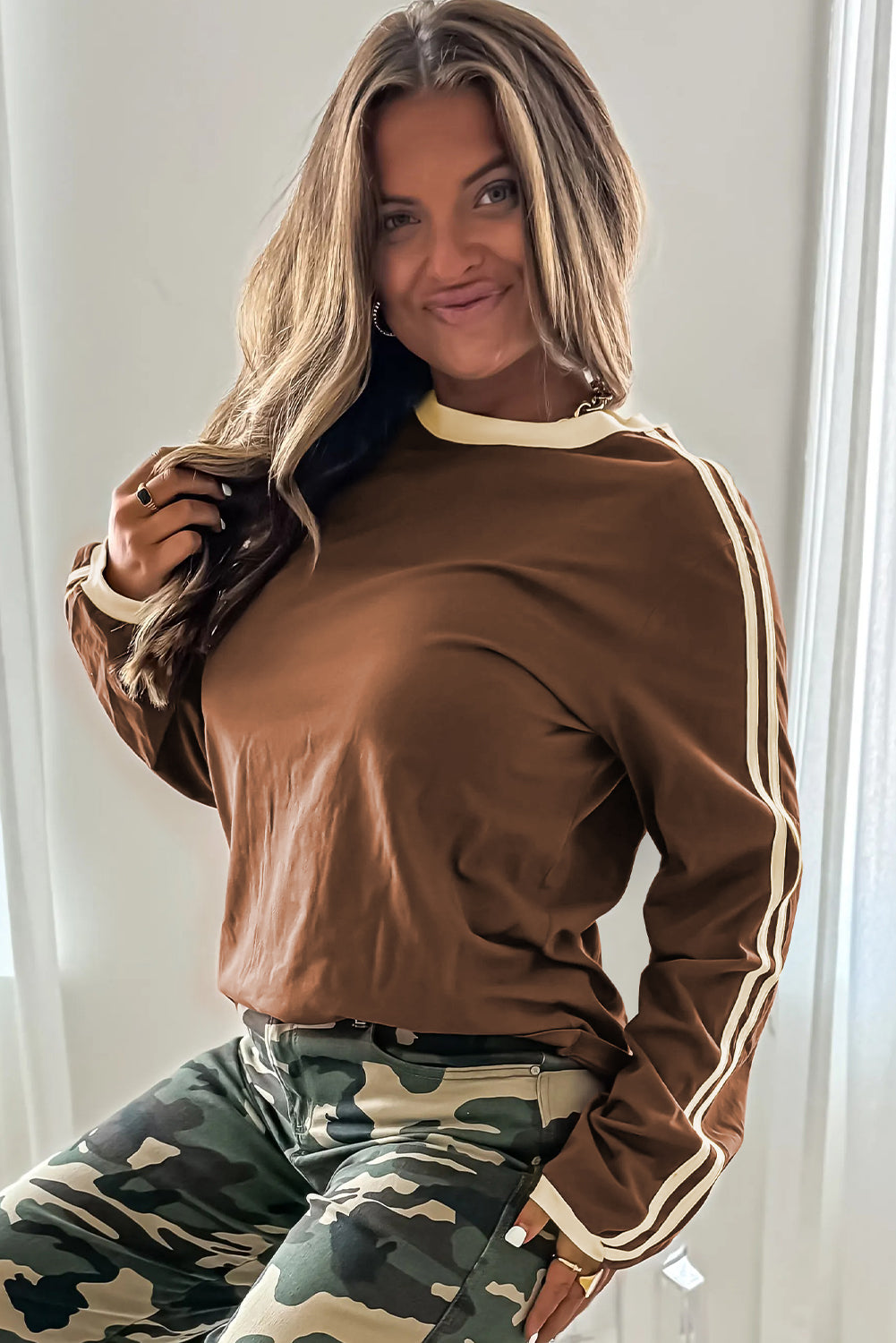 Fiery Red Varsity Striped Crew Neck Long Sleeve Top