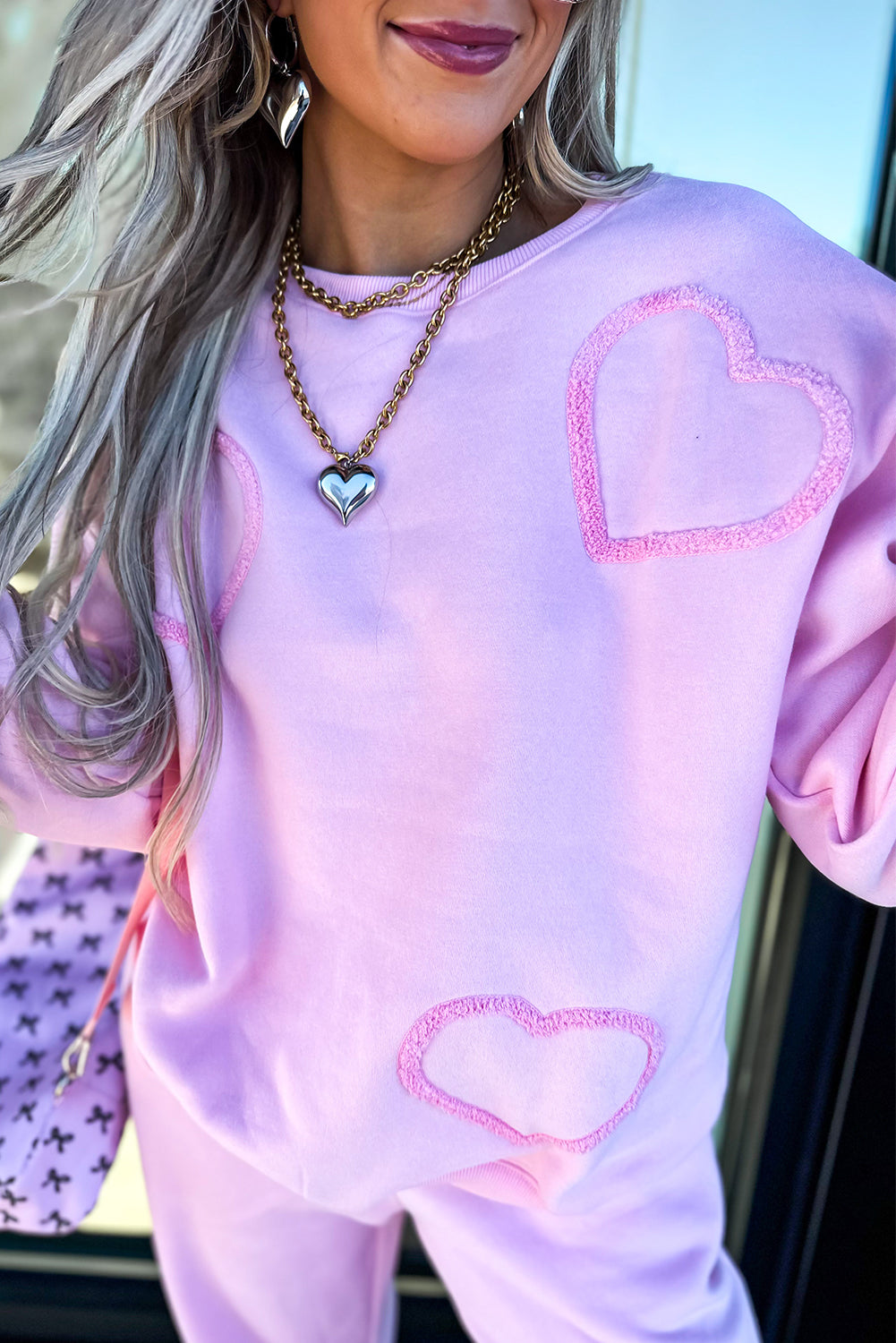 Conjunto de pantalones casuales con estampado de corazones de chenilla de Phalaenopsis