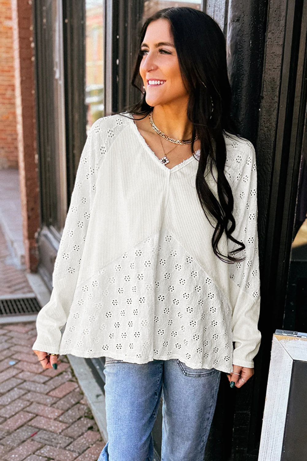 White Twisted Rib Patchwork Floral Embroidered Loose Long Sleeve Top