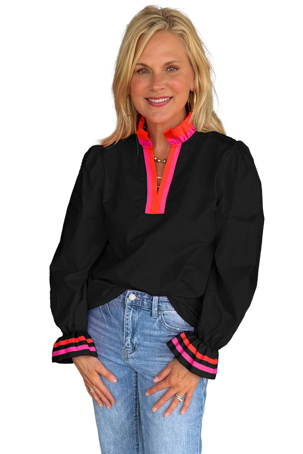 Chemisier à manches longues et col fendu à volants et rayures noires