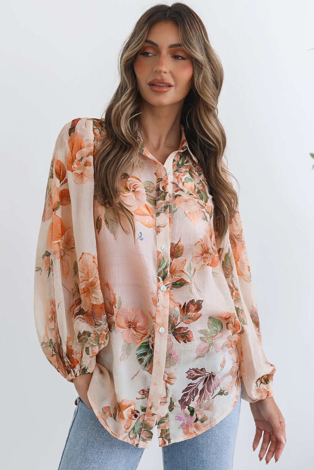 Orange Floral Puff Sleeve Lightweight Shirt