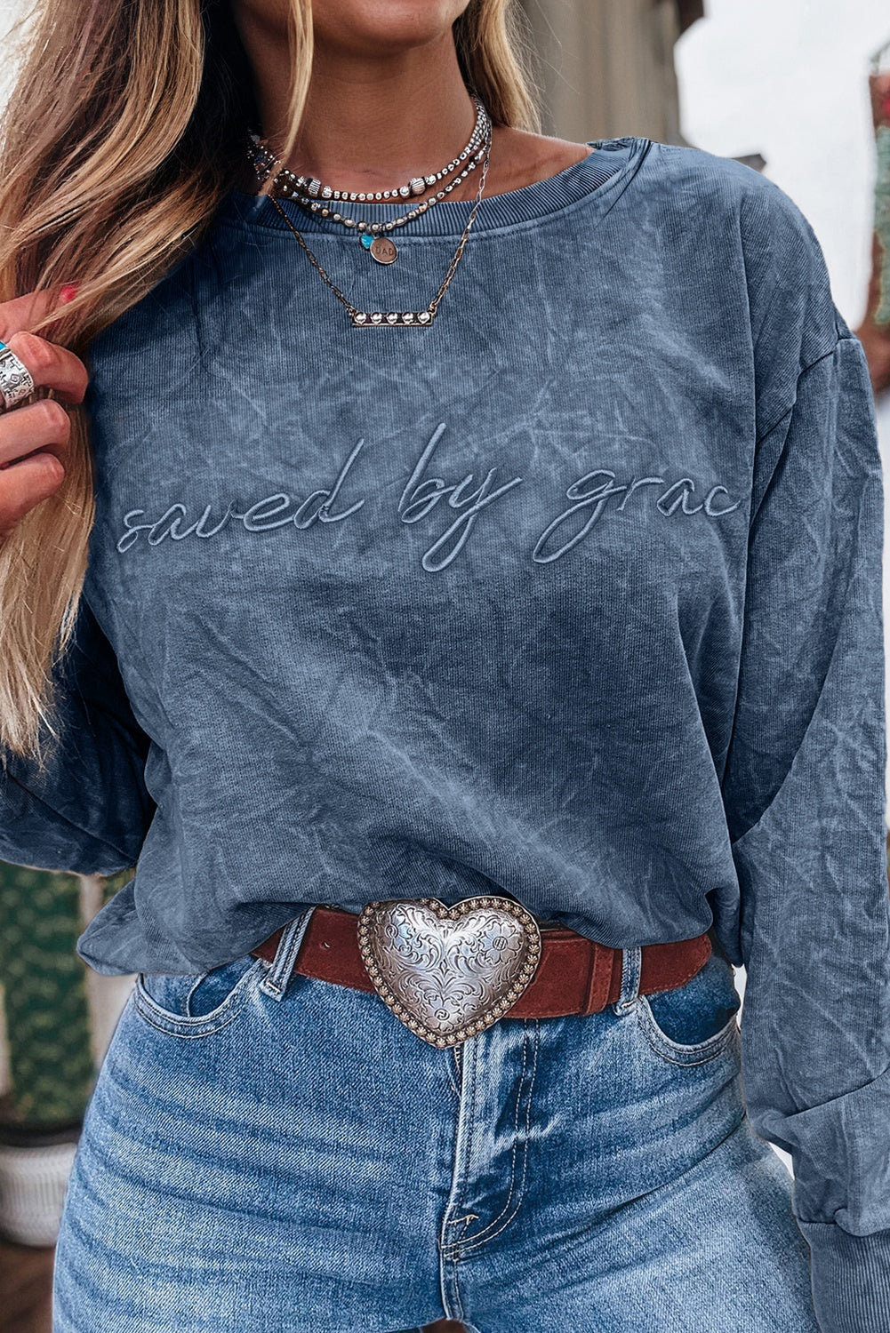 Dune saved by grace Letter Embroidery Mineral Wash Loose Sweatshirt