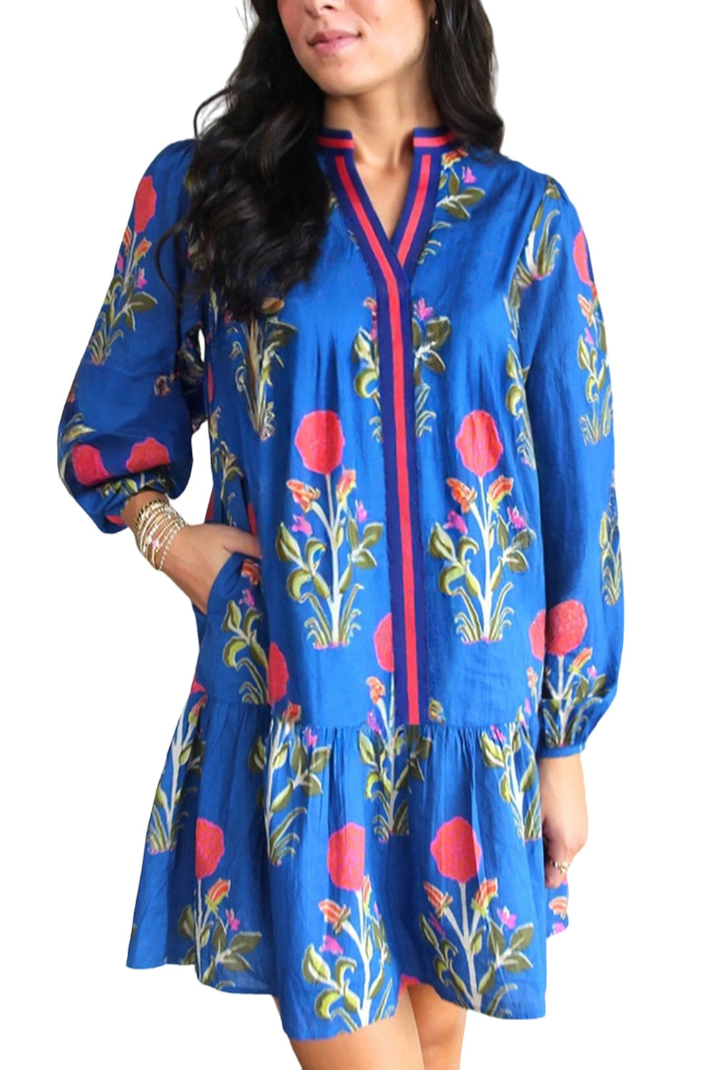 Sky Blue Floral Print Pop of Color V Neck Mini Dress