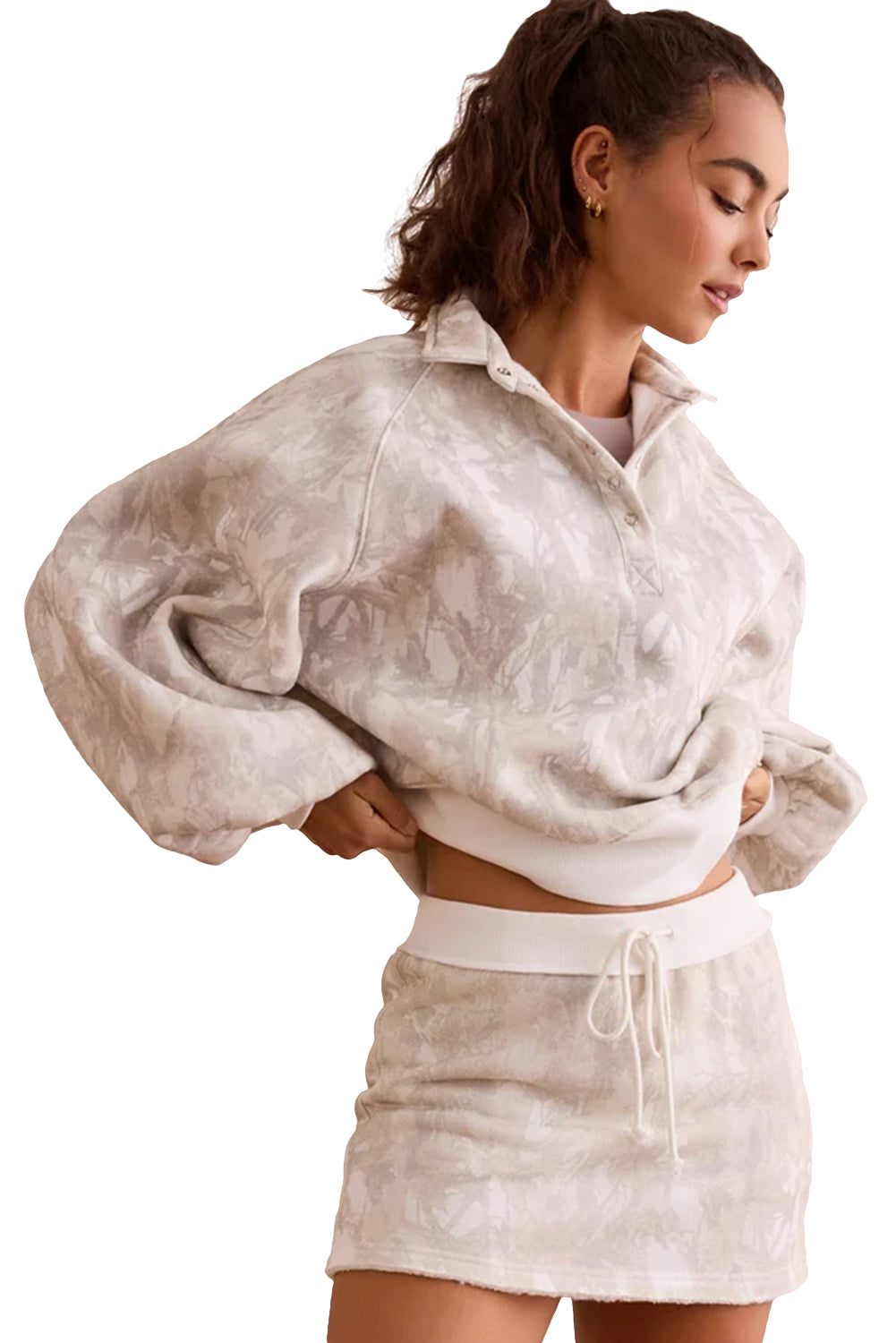 White Abstract Woodland Print Balloon Sleeve Pullover Drawstring Mini Skort Set