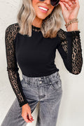 Black Leopard Mesh Patchwork Knit Long Sleeve Top