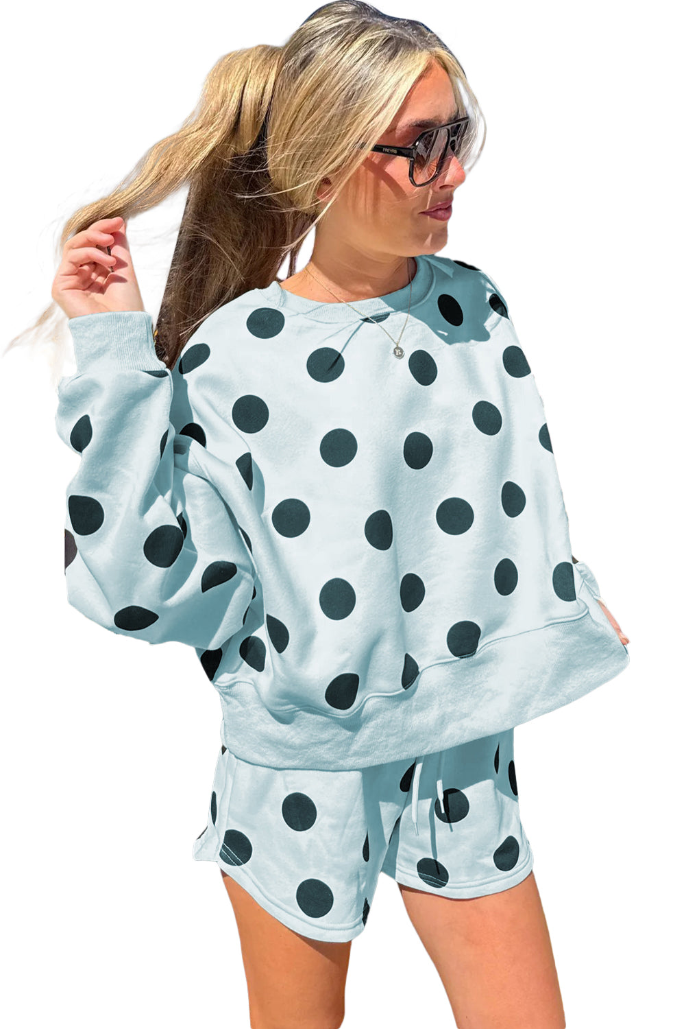 Pink Polka Dot Print Drop Shoulder Pullover Drawstring Shorts Set