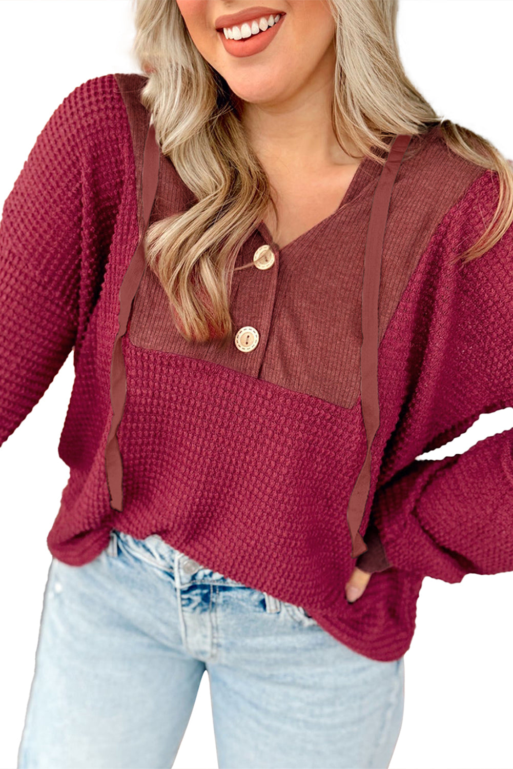 Racing Red Waffle Patchwork Drop Shoulder Hooded Long Sleeve Top