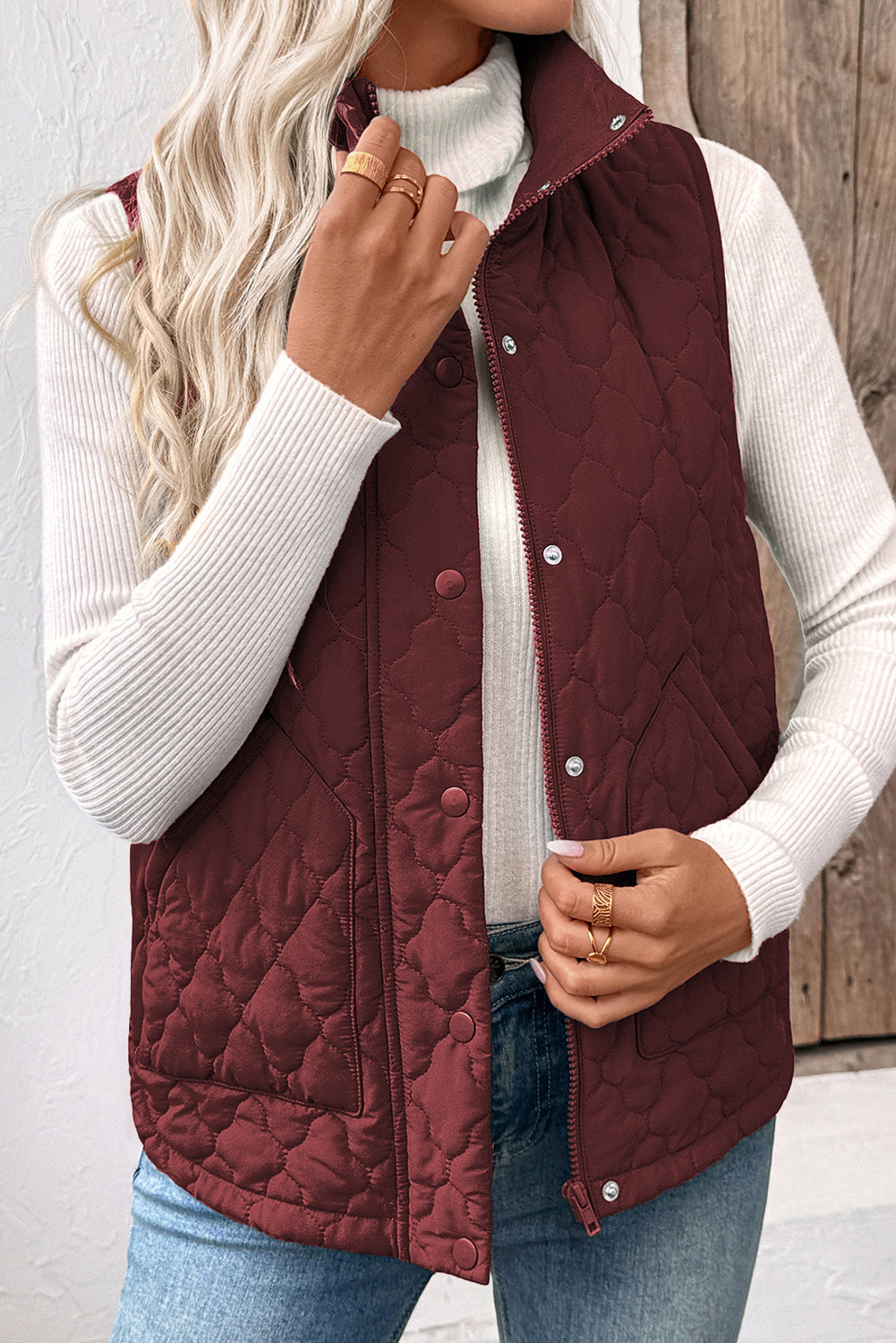 Wild Ginger  Flower Shape Quilted Snap Button Zip Up Winter Vest