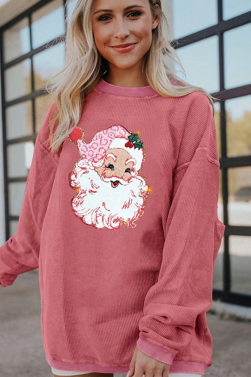 Strawberry Pink Sparkle Santa Claus Patch Application Corded Graphic Sweatshirt