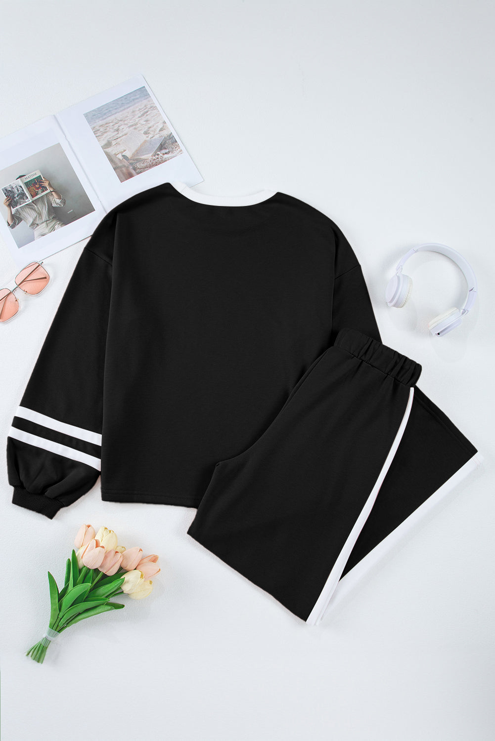 Conjunto de jersey y pantalón de manga larga con ribete en contraste gris