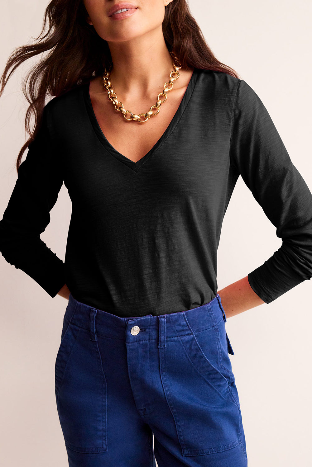 Smoke Gray Plain V Neck Long Sleeve Top