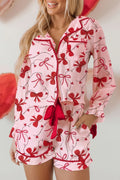 Red Bow Colorblock Long Sleeve Knot Pajama Set