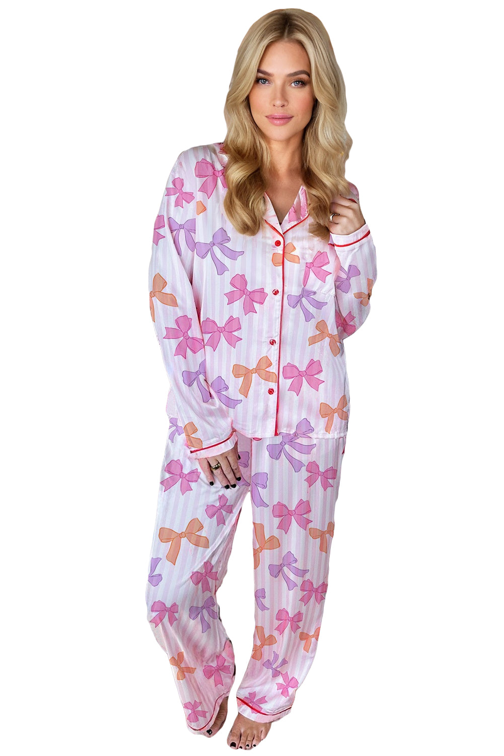 Ensemble pyjama 2 pièces chemise et pantalon à imprimé nœud rayé rose