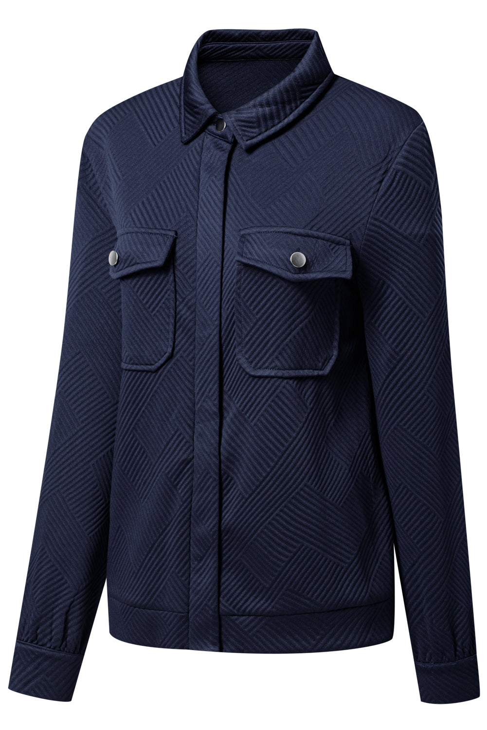 Navy Blue Solid Color Zip Up Button Flap Pocket Shirt Collar Jackets