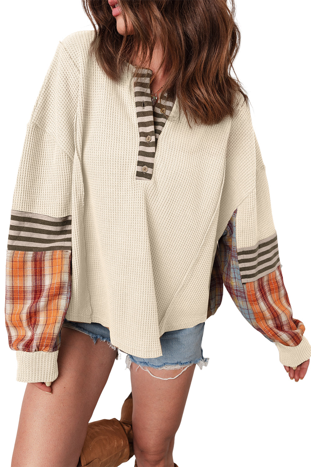 Straw Yellow Waffle Stripe Plaid Patchwork Henley Top