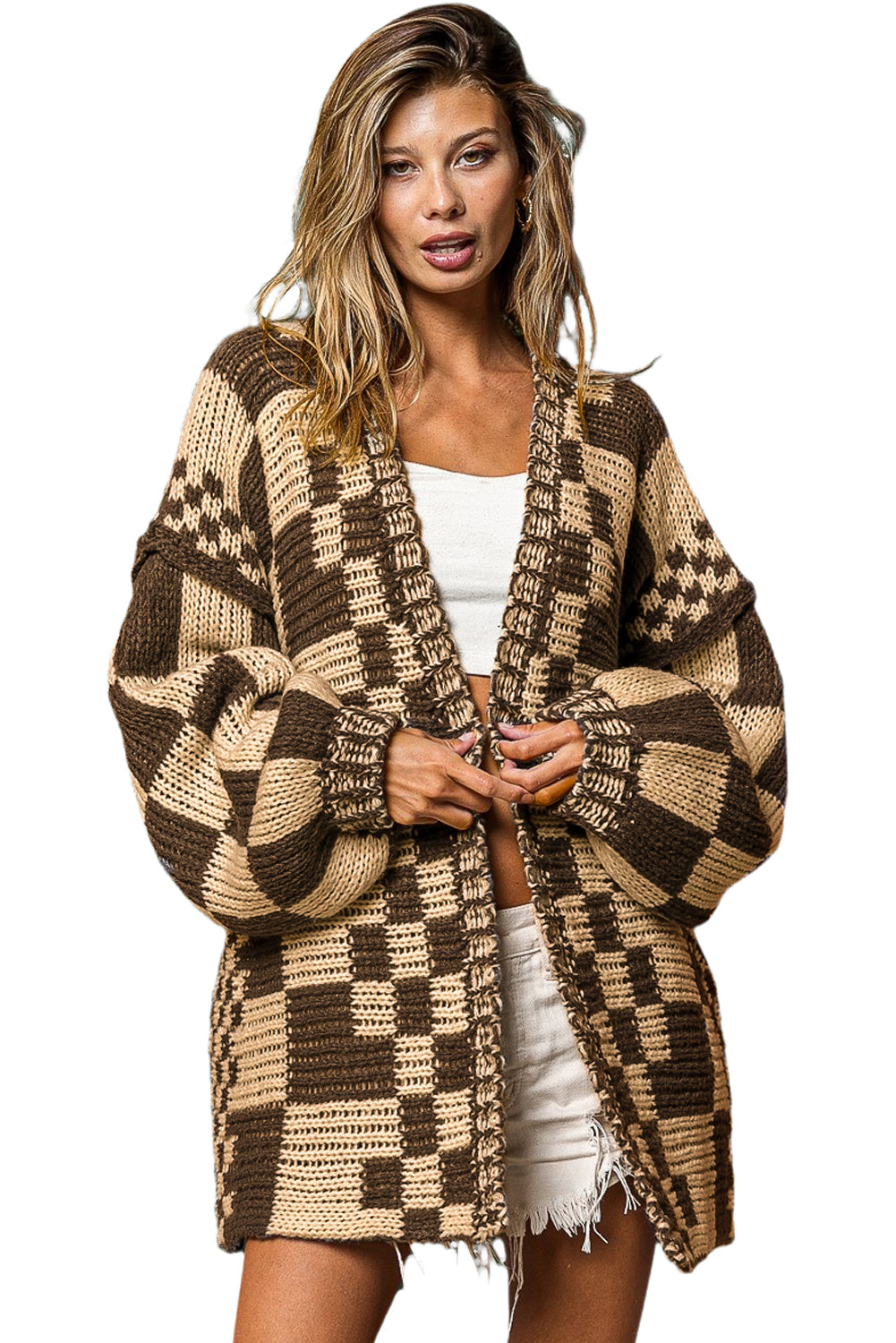 Multicolor Plaid Open Front Knitted Cardigan