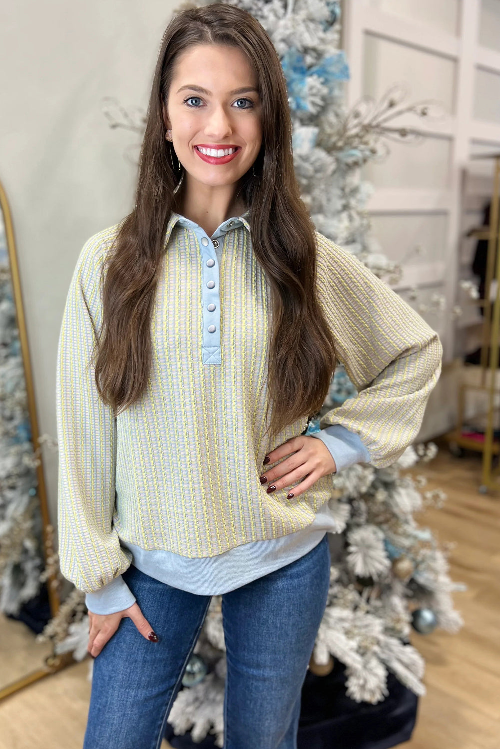 Beau Blue Striped Henley Collar Textured Sweatshirt