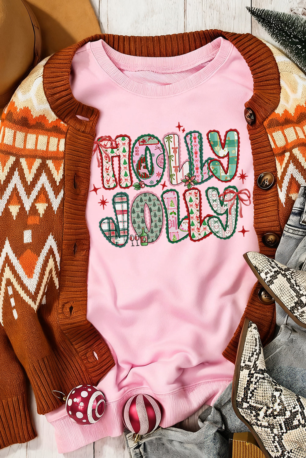 Pink HOLLY JOLLY Graphic Heat Transfer Printing Christmas Sweatshirt